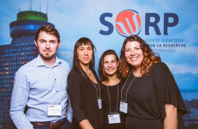 Francis Morissette Harvey (B.A. student), Dre Natacha Godbout, Mathilde Baumann (M.A. student) and Roxanne Bolduc (M.A. student) at the Société Québécoise de Recherche en Psychologique (SQRP) 2018 annual meeting.